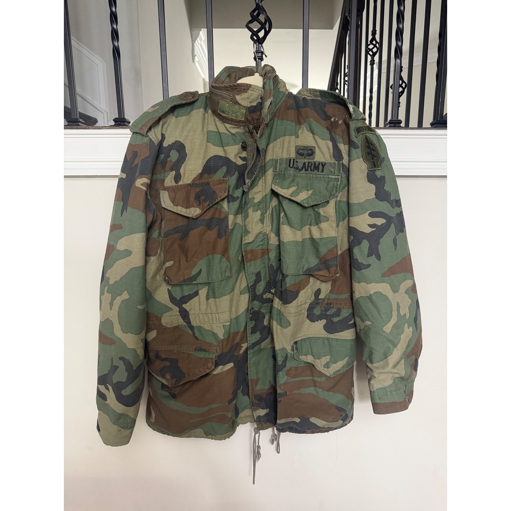 Vintage US Army M-65 Field Coat Woodland Camo Special Forces Airborne Small Reg